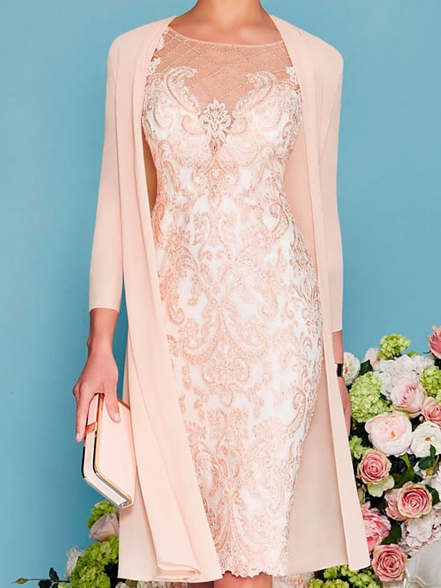 knee length long sleeve mother of the bride dresses Long-Sleeve Knee-Length Sheath/Column Dress with Lace Beading Appliques PRESPRING26/1