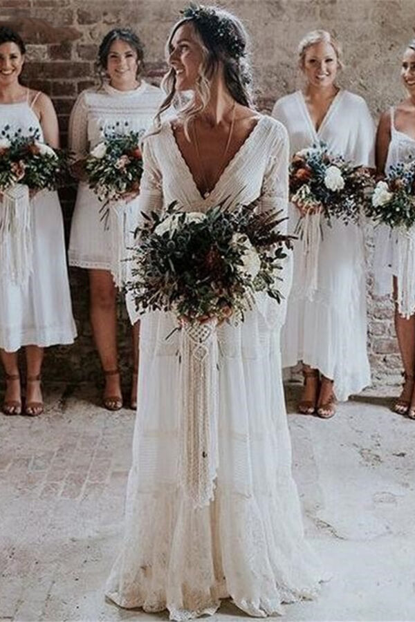 fitted lace wedding dress Long Sleeve Lace Tulle Wedding Dress with Empire Waist