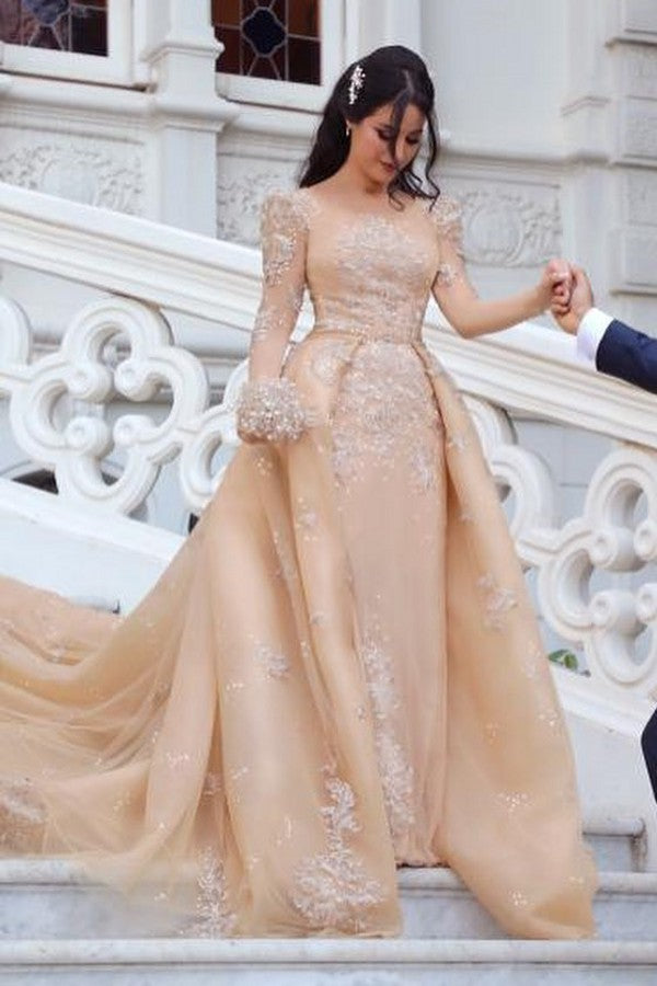 Long Sleeve Tulle Bateau Detachable Wedding Dress