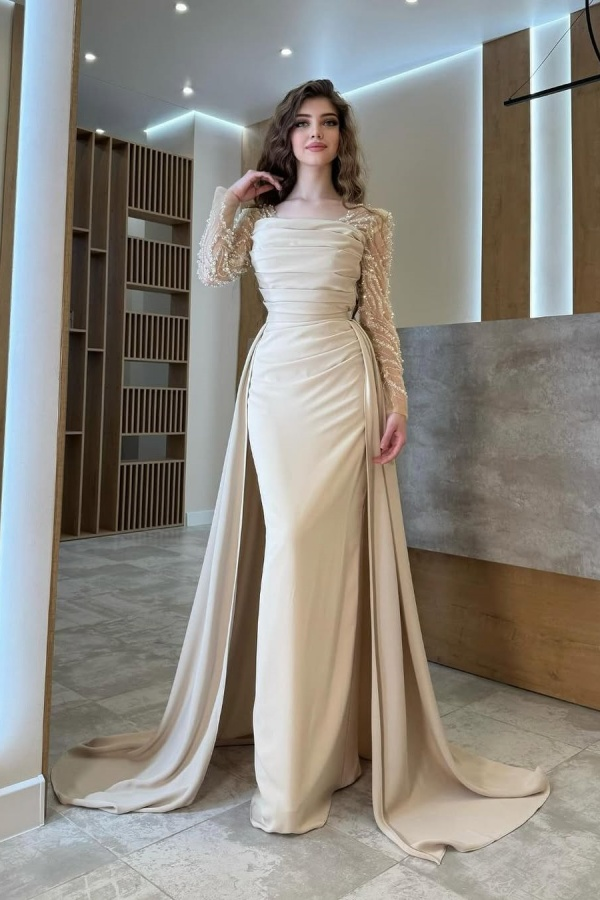 Long Sleeves Square Neck Long Mermaid Formal Dress With Pleated Long Sleeves Square Neck Long Mermaid Formal Dress With Pleated