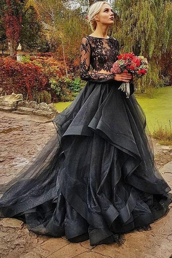 Long Two Piece Tulle Lace Puffy Black Wedding Dress With Sleeves Long Two Piece Tulle Lace Puffy Black Wedding Dress With Sleeves