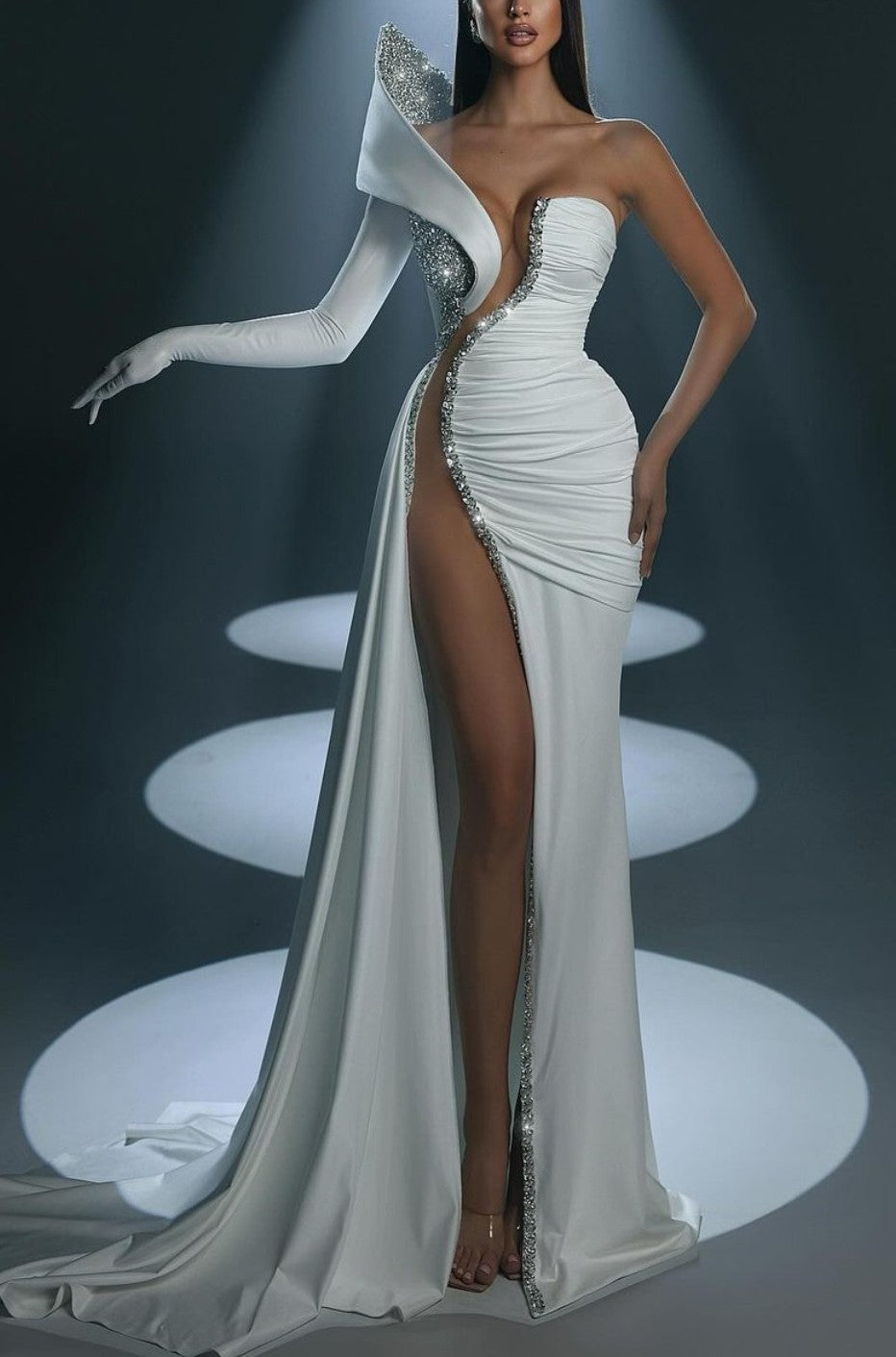 Long White Mermaid Prom Dress with One Shoulder and High Slit Gloves I