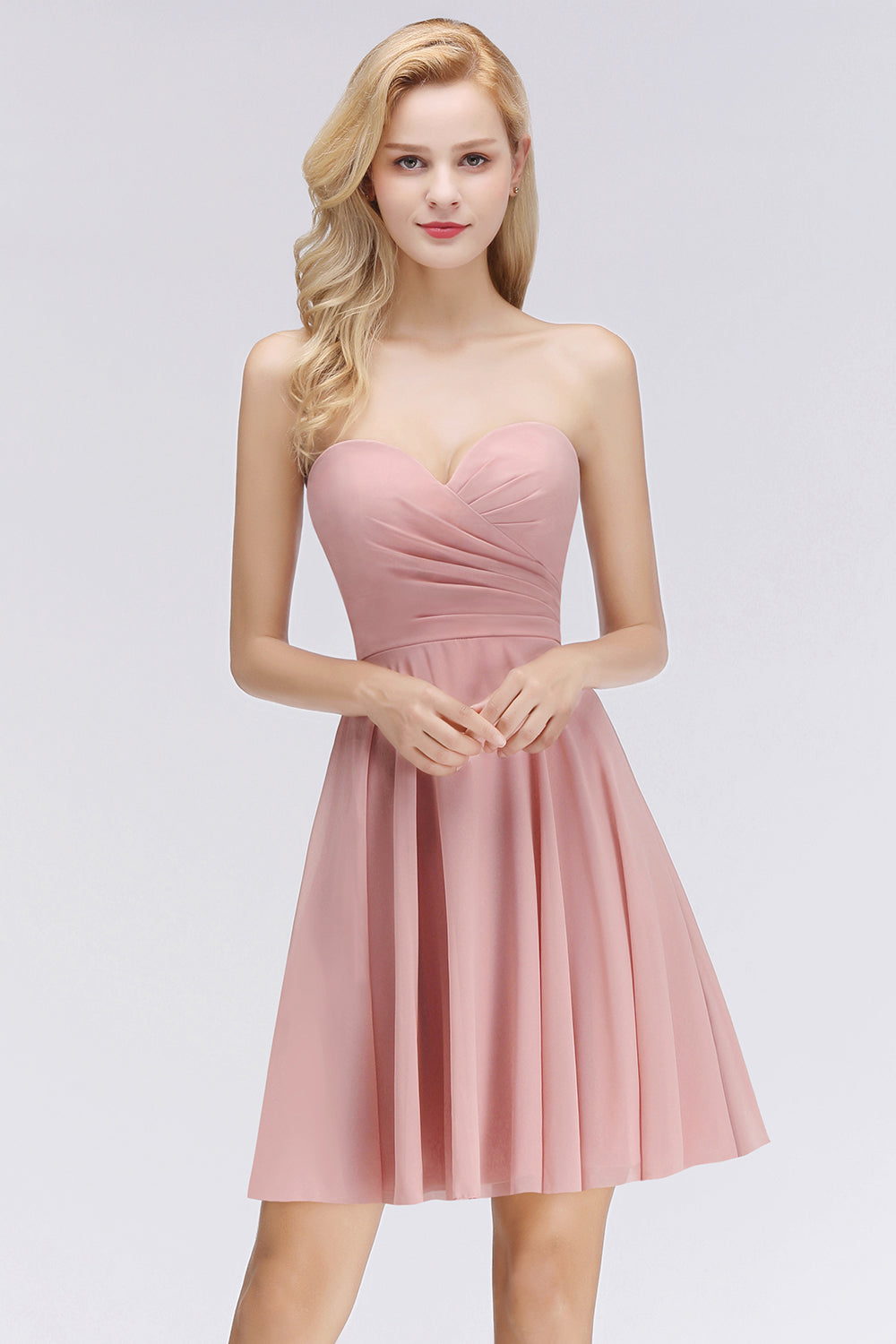 pink chiffon short bridesmaid dress Short Sleeves Chiffon V Neck Knee Length Bridesmaid Dresses