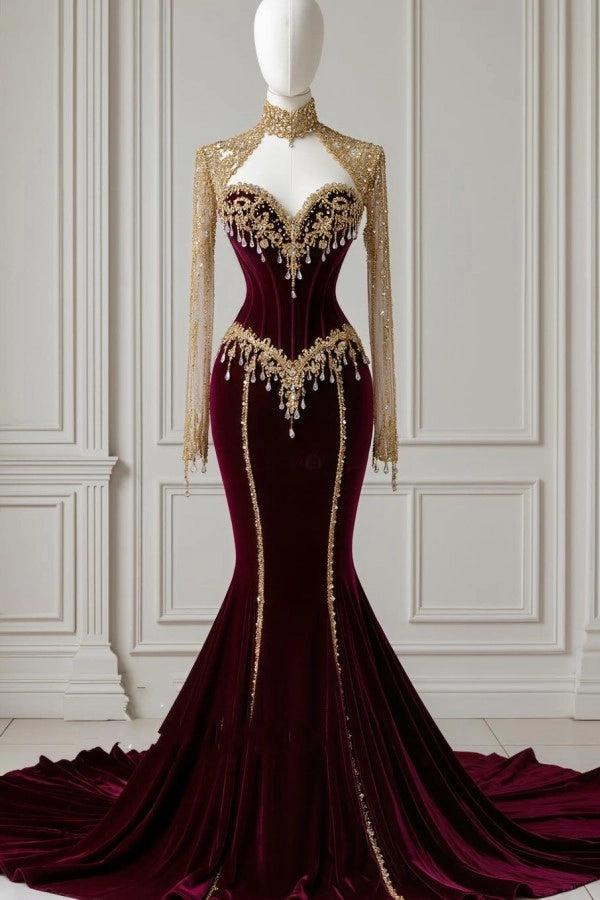 Luxurious Burgundy High Neck Long Sleeves Mermaid Prom Dress with Detachable Coat