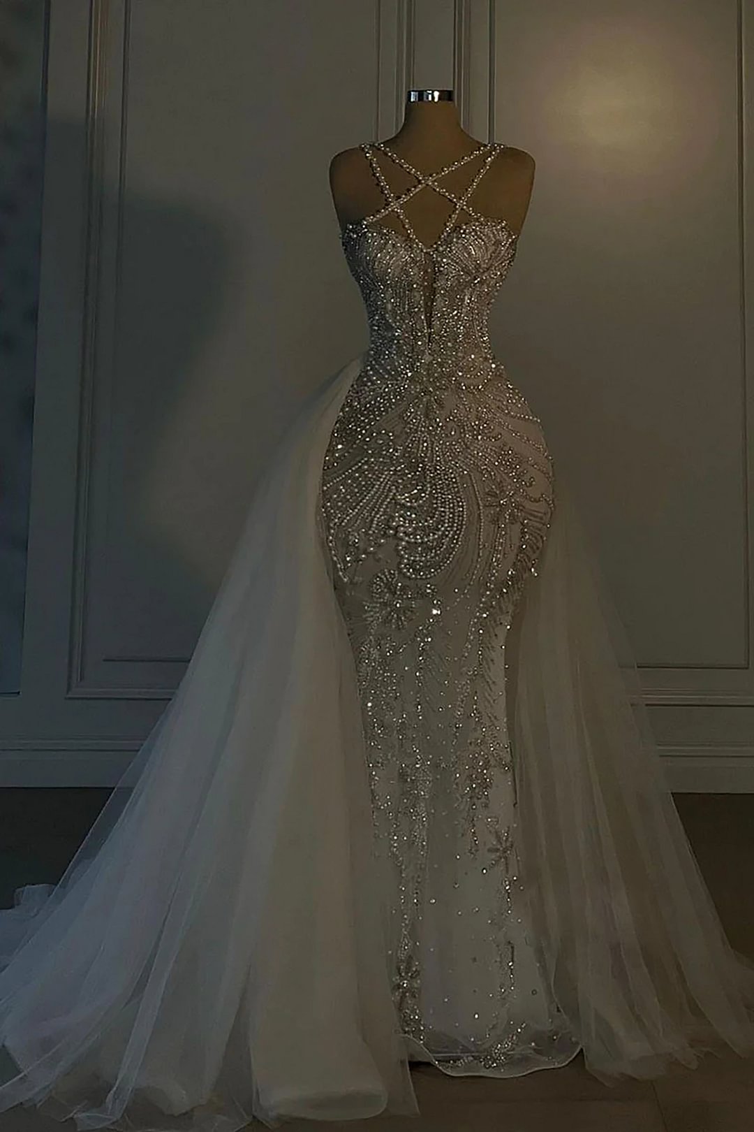 Luxurious Long Mermaid V-neck Spaghetti Strap Heavy Beaded Wedding Dre Luxurious Long Mermaid V-neck Spaghetti Strap Heavy Beaded Wedding Dre