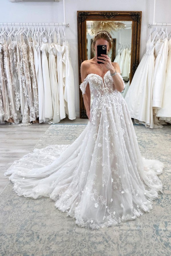 Luxury Long A-line Off the Shoulder Backless Tulle Lace Wedding Gown