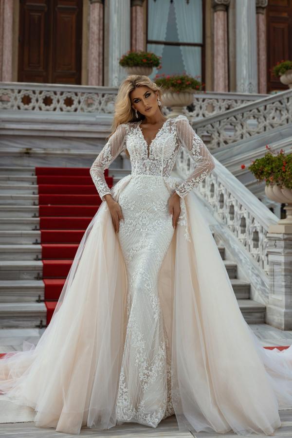 chinese dress ladies Mermaid Long Sleeves A-Line Tulle Wedding Dress with Appliques and Charming  V-neck