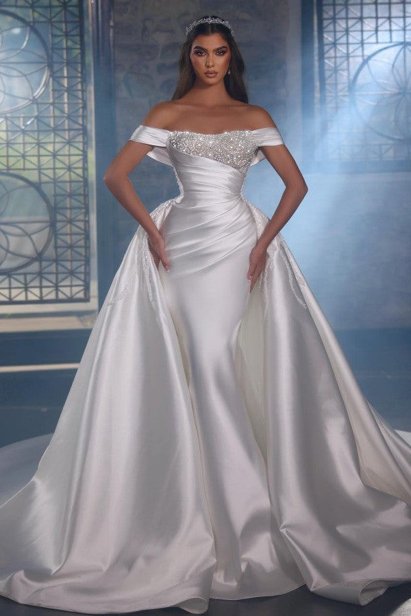 Mermaid Off the Shoulder Satin Beads Wedding Dress with Overskirt