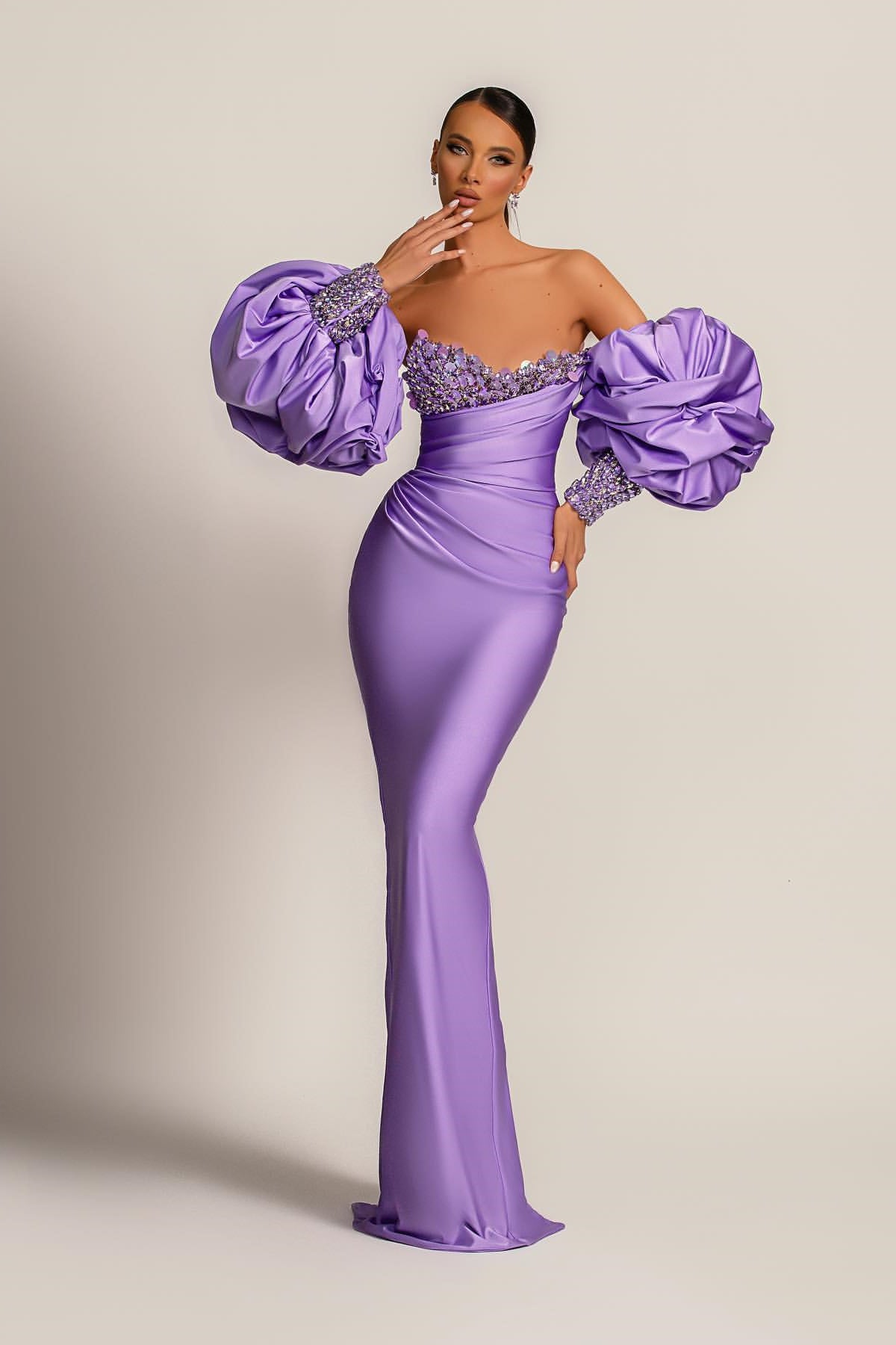 purple bubble dress Mermaid Prom Dress with Purple Bubble Sleeves
