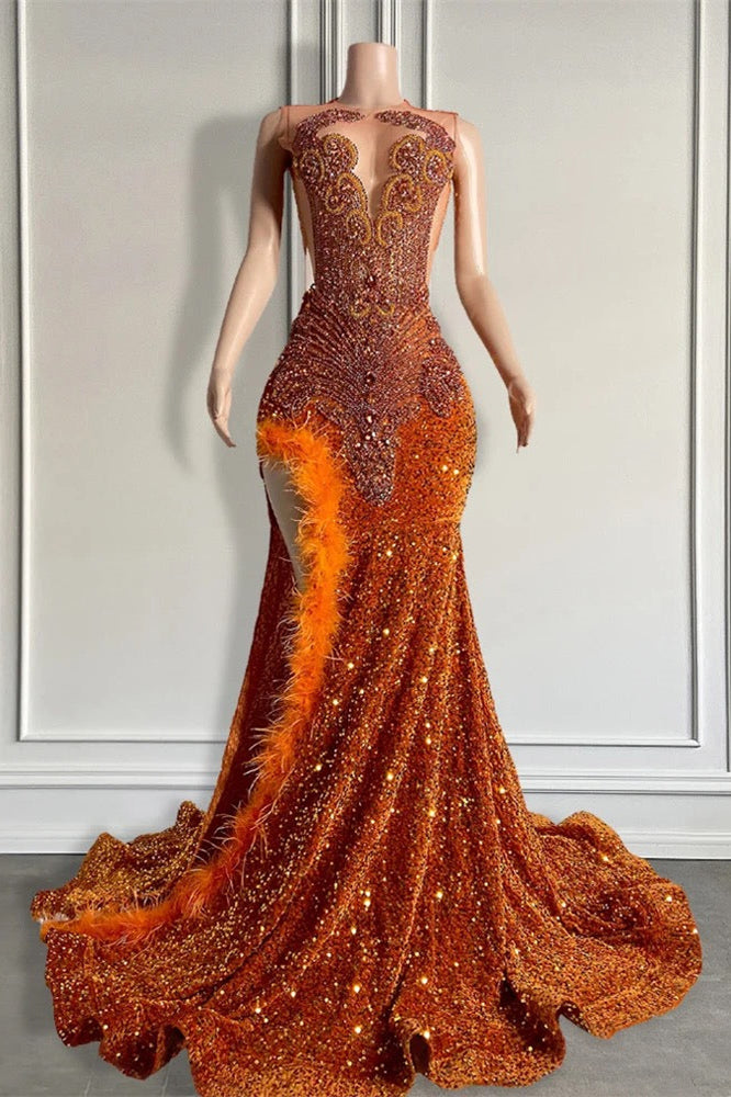 Mermaid Style Burnt Orange Sequins Prom Dress with Side Slit Long Length Beadings and Feathers Mermaid Style Burnt Orange Sequins Prom Dress with Side Slit Long Length Beadings and Feathers