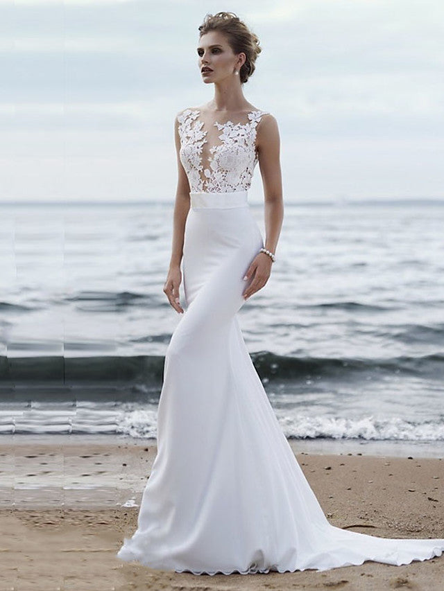 white christmas dresses Mermaid Trumpet Wedding Gown Jewel Neck Chapel Train Chiffon Lace Regular  Straps Modern See-Through