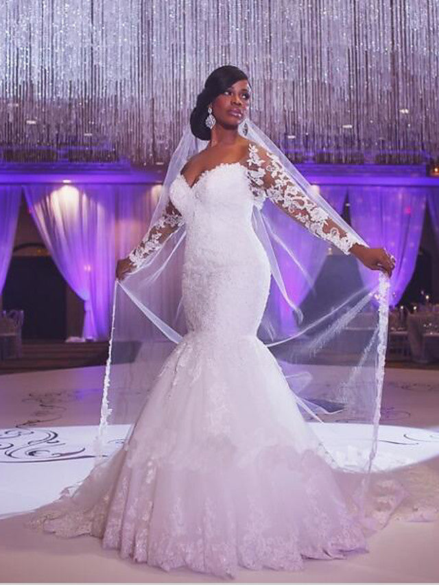 Mermaid Trumpet Wedding Gown Scoop Neck Court Train Organza Long Sleev