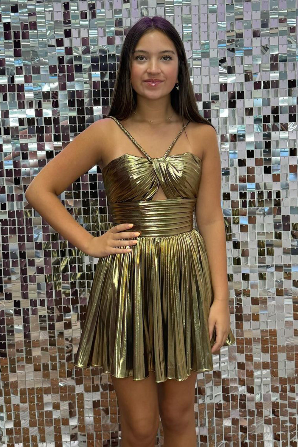 green emerald velvet dress Wedtrend Women Gorgeous Golden Tight Metallic Homecoming Dress with Sequins Spaghetti Straps Corset Short Cocktail Party Dress, Golden / US10 main image 0
