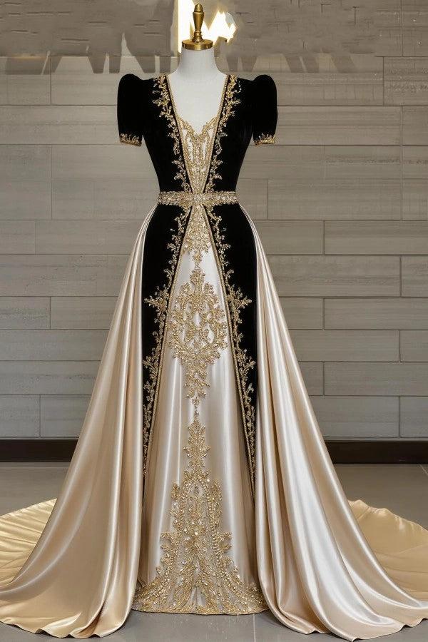Modern Champagne and Black V-Neck Short Sleeves A-line Prom Dress with Appliques and Detachable