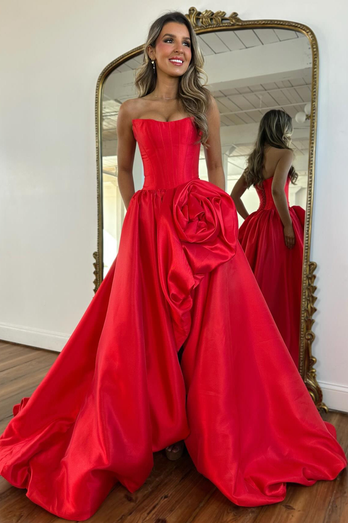 Modern Long A-line Red Strapless Prom Dress with Slit and Ruffles