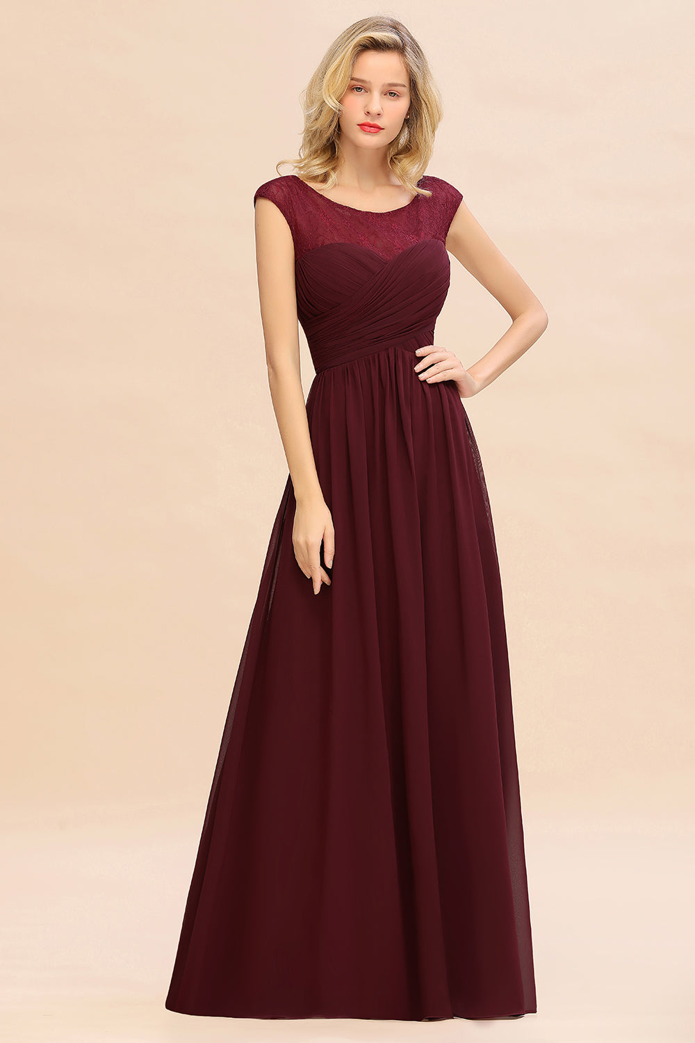 Modest Burgundy Chiffon Sleeveless Ruffle Bridesmaid Dresses Affordable