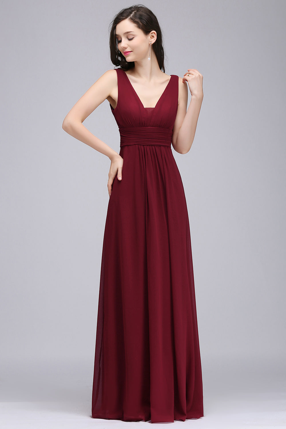 affordable burgundy bridesmaid dresses Affordable V-Neck Ruffle Long Burgundy Bridesmaid Dresses With Short-Sleeves