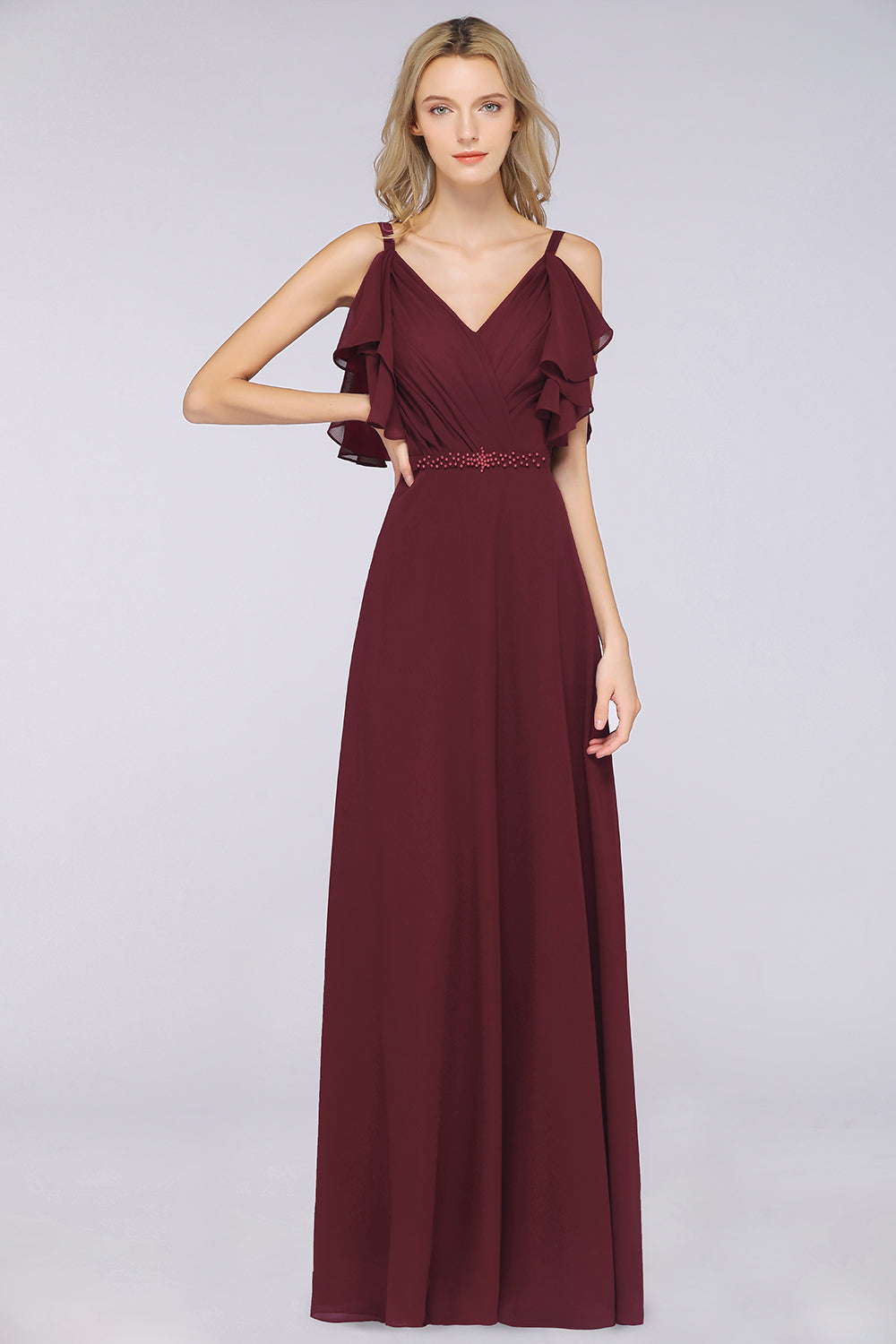 Modest Cold-shoulder Crinkle Chiffon Long Bridesmaid Dresses with Pearls
