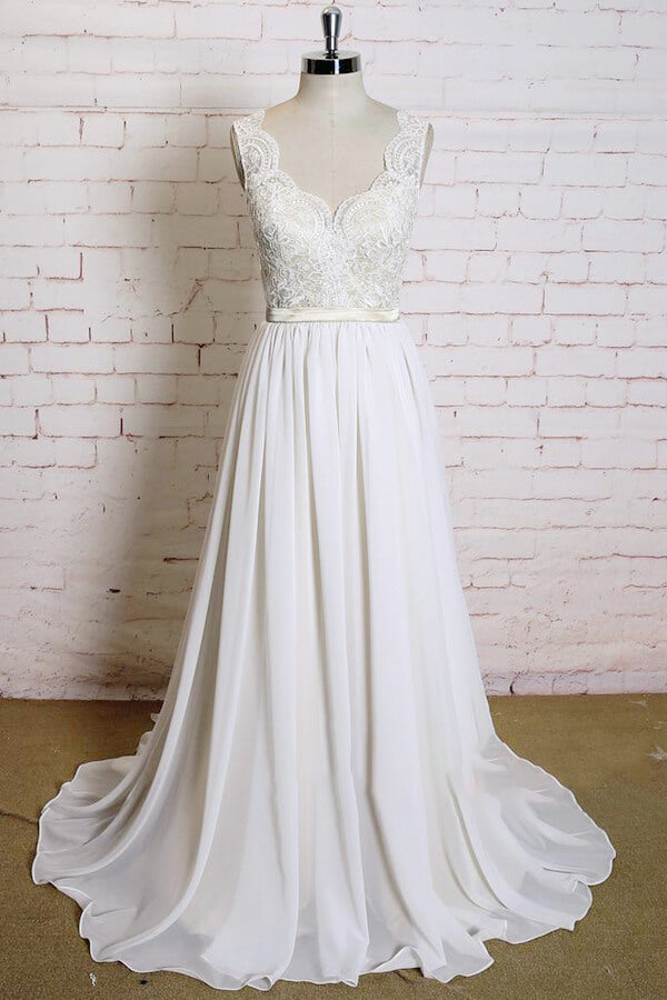 pink dresses birthday Chiffon Lace V Neck Short Sleeve Wedding Dresses, PW506 main image 1