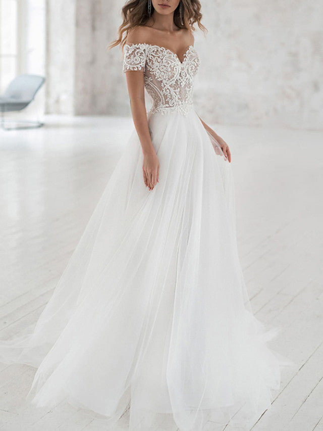 Off Shoulder Lace Tulle A-Line Wedding Dress with Sweep Train Short Sl Off Shoulder Lace Tulle A-Line Wedding Dress with Sweep Train Short Sl