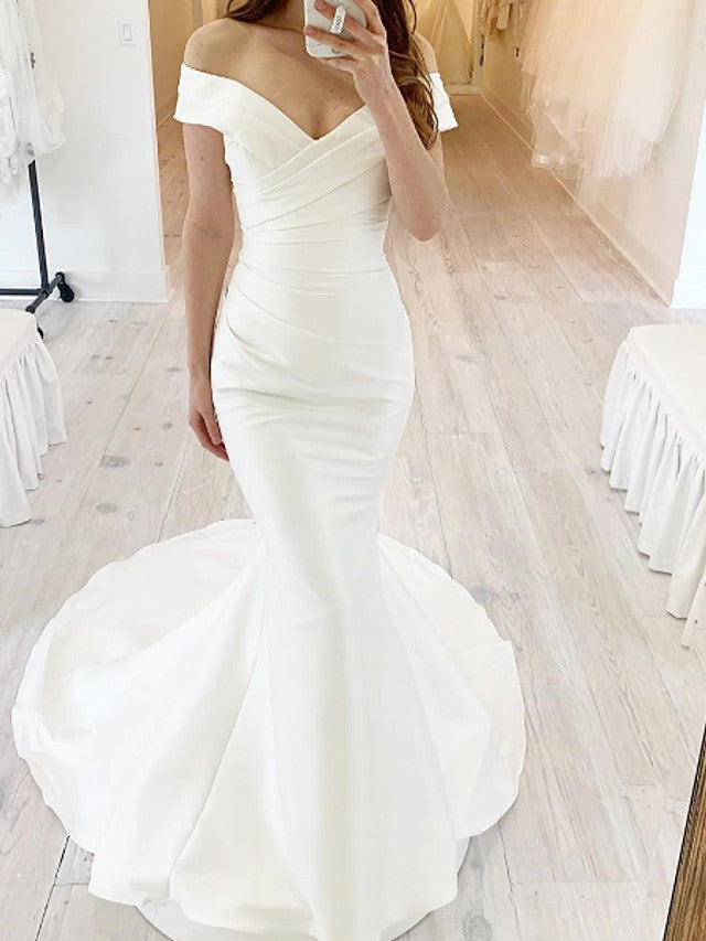 knee length dresses for ladies Unique Off Shoulder Ruffles Satin Mermaid Wedding Dress with Court Train QW2287 US10 / Ivory main image 0