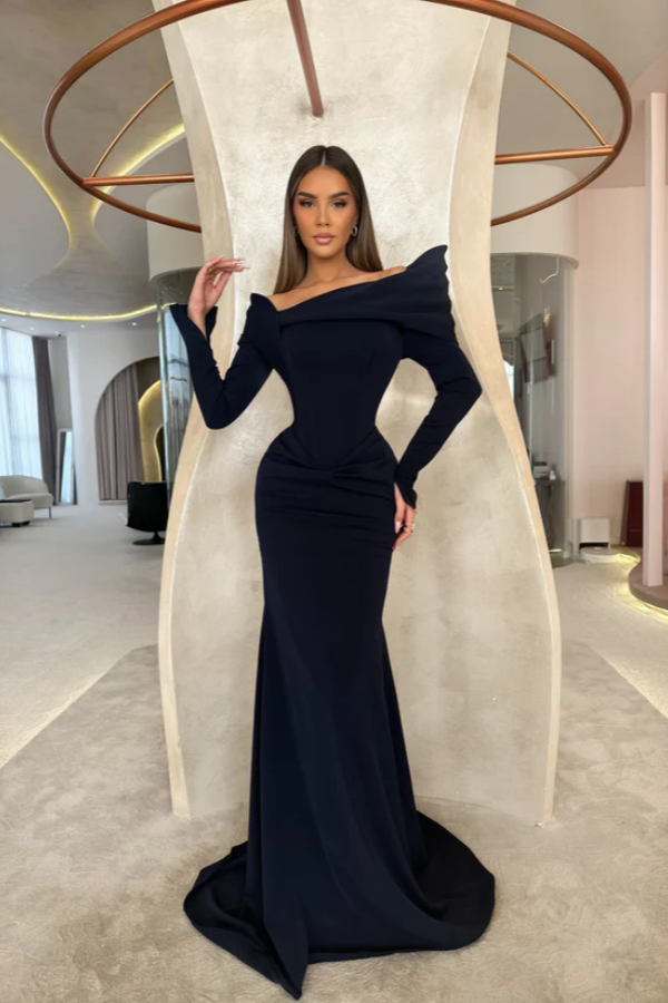 off the shoulder long sleeve mermaid prom dress Off the Shoulder Long Sleeves Long Mermaid Formal Dress With Pleated