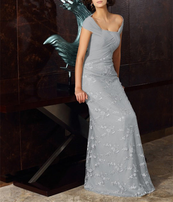 Off-The-Shoulder Short Sleeve A-Line Chiffon Mother of The Bride Dress with Lace Appliques Tea-Length Off-The-Shoulder Short Sleeve A-Line Chiffon Mother of The Bride Dress with Lace Appliques Tea-Length