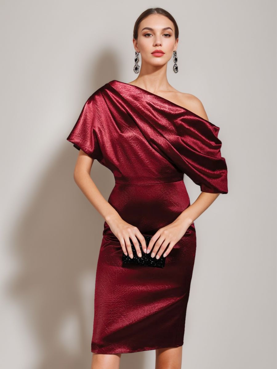 ruched knee length dress Suzhoufashion Burgundy Wedding Guest Dress A Line Ruched Knee-Length Formal  Dress