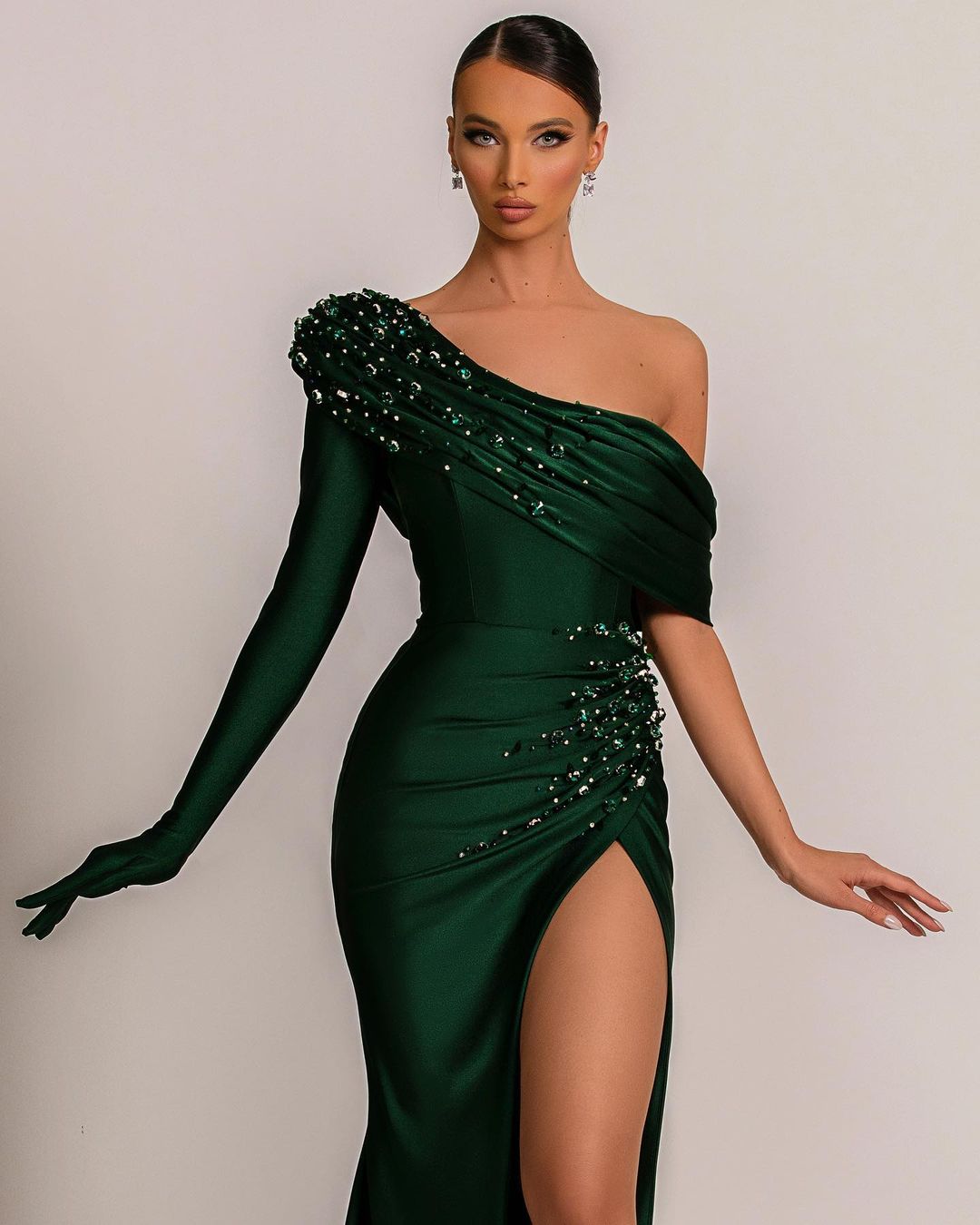 slim fit dress slacks Poly USA 9136 One Shoulder Rhinestone Evening Gown main image 0