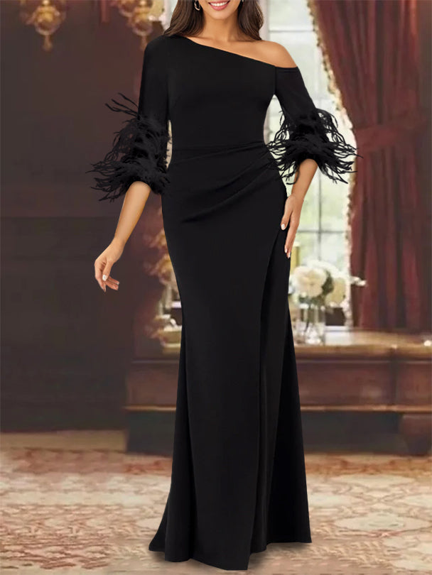 trumpet mermaid mother of the bride dress One-Shoulder Long-Sleeve Chiffon Trumpet/Mermaid with Feathers Size:dress size pants : 46 Sea Winds Geneva White Mother Of The Bride launchdate:11/21/2025