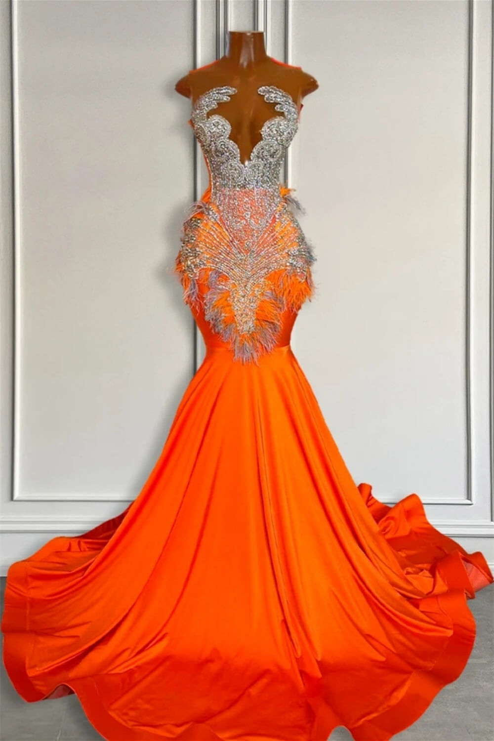 Orange Sleeveless Illusion Mermaid Prom Dress With Beadings and Feathe
