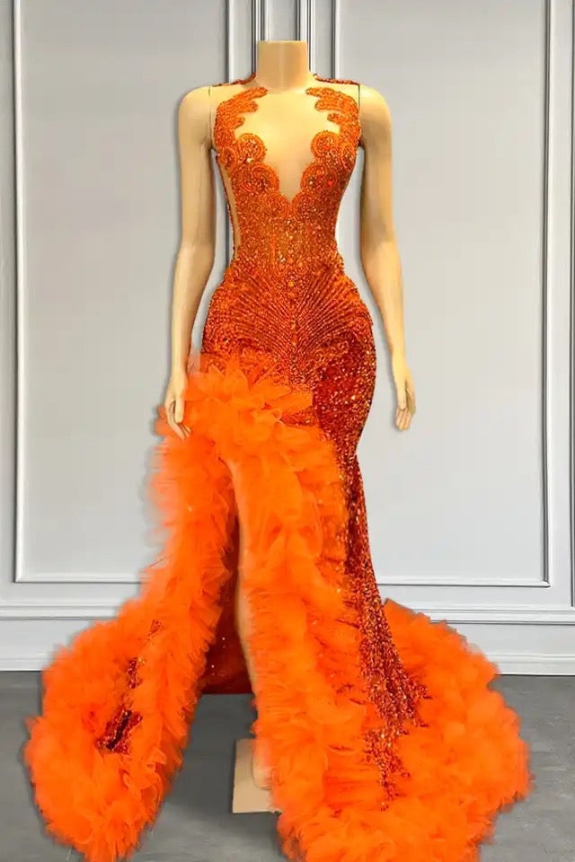 Orange Sleeveless Mermaid Formal Dresses with Side Slit and Tulle Bead Orange Sleeveless Mermaid Formal Dresses with Side Slit and Tulle Bead