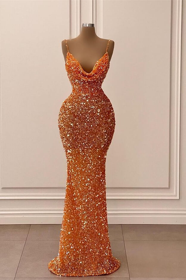 chinese dress ladies Orange V-Neck Spaghetti-Straps Long Mermaid Prom Dress With Sequins Or