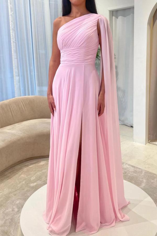 pink chiffon one shoulder dress One-Shoulder Sheath Chiffon Bridesmaid Dress with Ribbon in Vintage Mauve, Vintage Mauve / 0