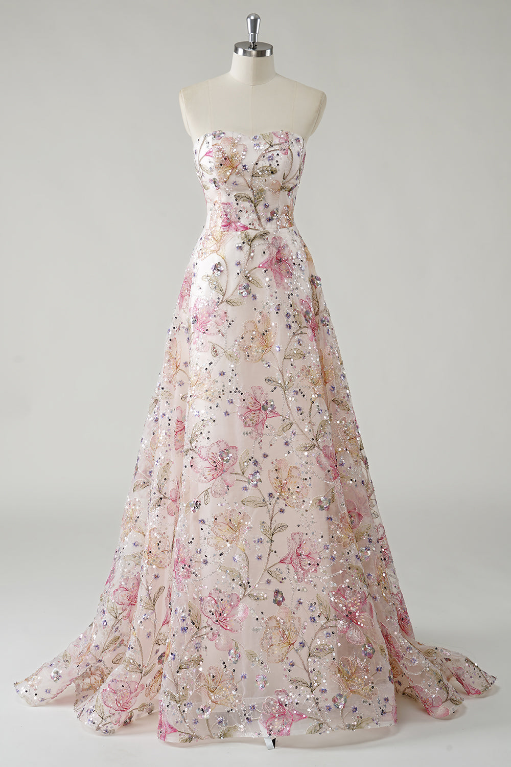 Pink Floral Embroidery Sweetheart Sequins Princess Long Prom Dress Pink Floral Embroidery Sweetheart Sequins Princess Long Prom Dress