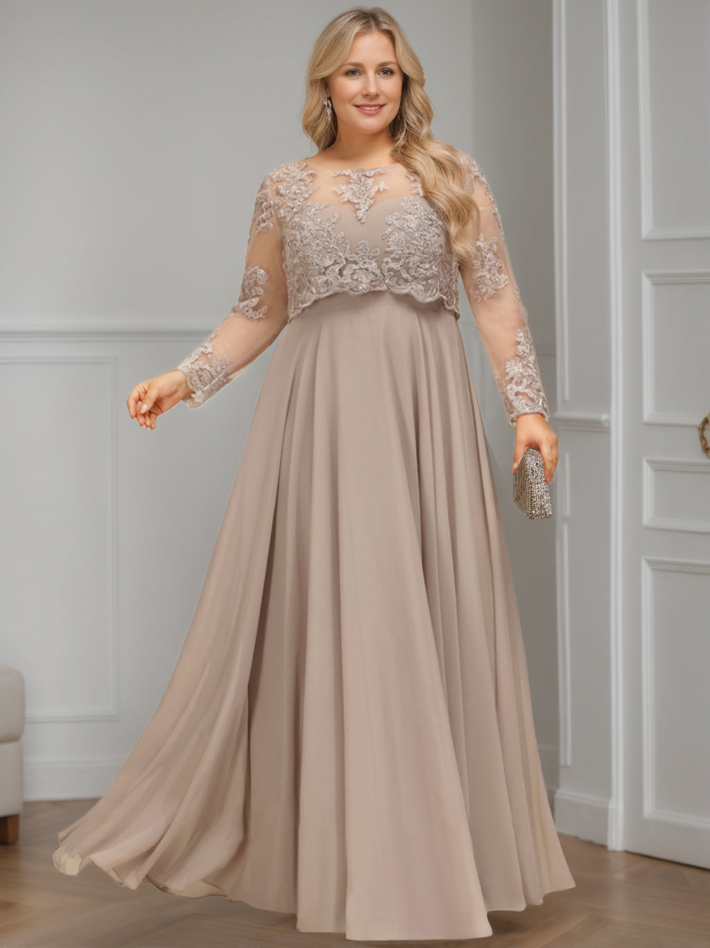 Plus Size Floor-Length A-Line Mother of the Bride Dress with Scoop Neck and Long Sequined Sleeves Plus Size Floor-Length A-Line Mother of the Bride Dress with Scoop Neck and Long Sequined Sleeves