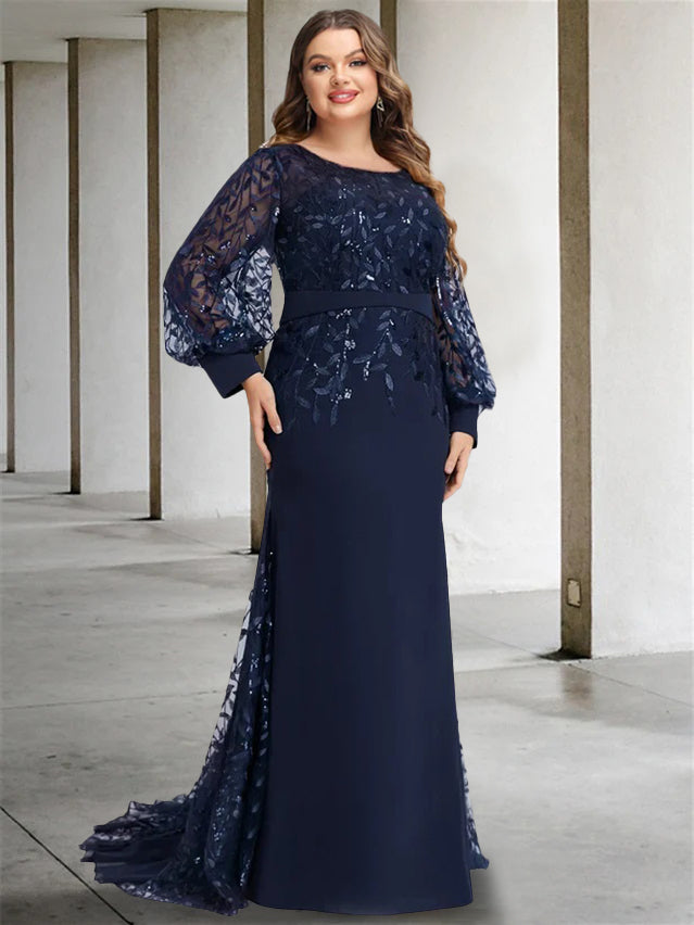 Plus Size Floor-Length Mermaid/Trumpet Mother of the Bride Dress with Scoop Neck and Long