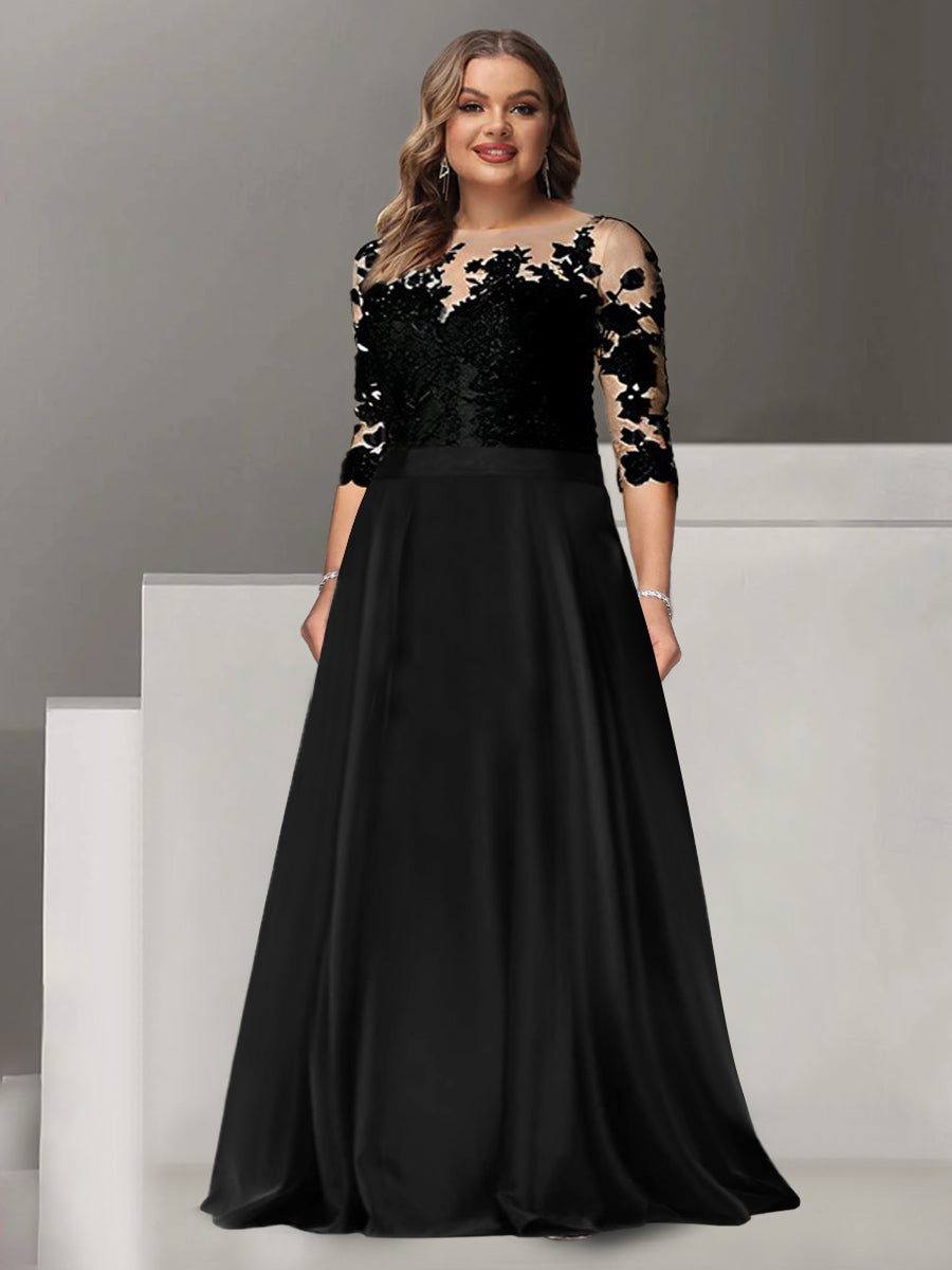 Plus Size Floor-Length Mother of The Bride & Groom A-Line Dress with Jewel Neck and 3/4 Sleeves