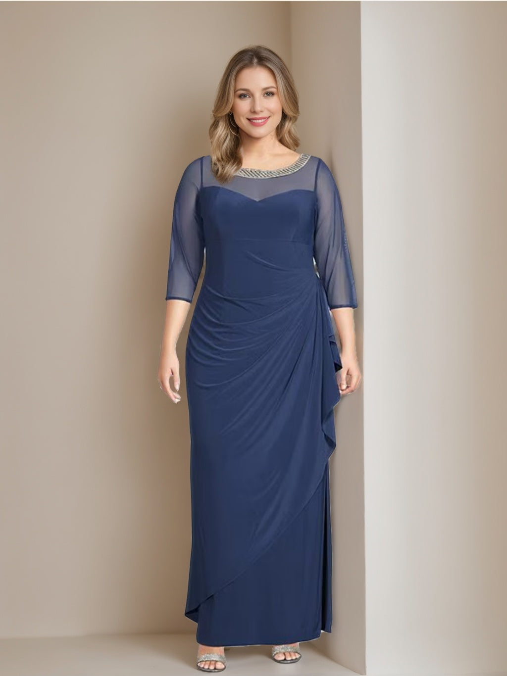 plus size ankle length formal dresses Mother of the Bride Ruffled Dress with 3/4 Sleeves and Ankle- Sheath/Column Silhouette a line cocktail dress Color:Diamond White theme-graduation almost whisper