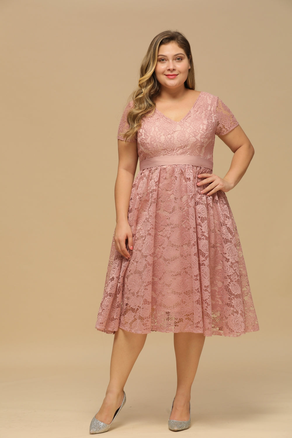 Plus Size Short Sleeves Lace V-Neck Party Dress-Koscy Plus Size Short Sleeves Lace V-Neck Party Dress-Koscy