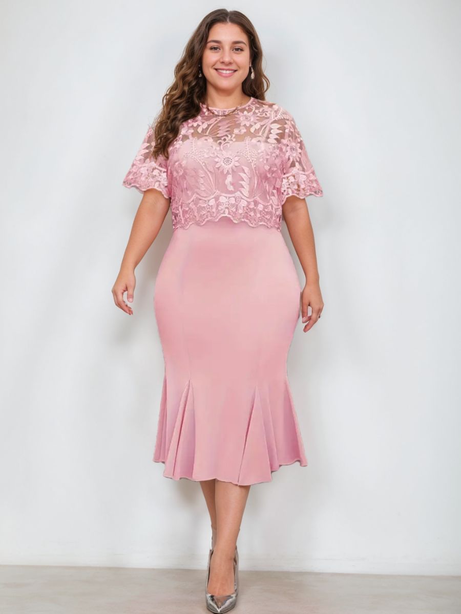Plus Size Tea-Length Mother of the Bride Dresses with Appliques  Trumpet/Mermaid Scoop Half Sleeves