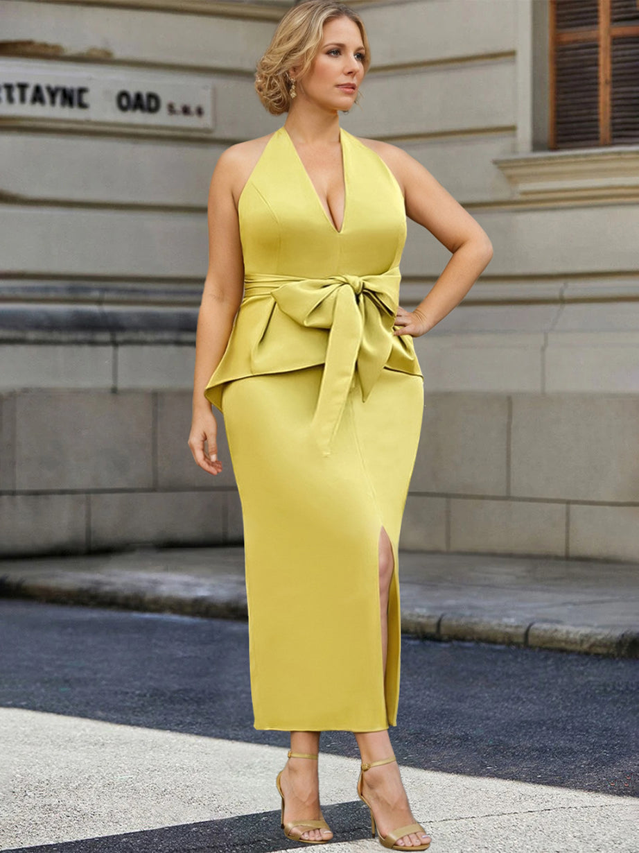 plus size halter dresses for wedding Tea-Length Mother of the Bride Dress with Bowknot sea lion Sizes:10 (m) around 30 Women's Long Graduation Dresses