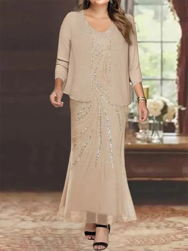 Plus Size V-Neck Ankle-Length Sheath/Column Mother of the Bride Dresses  with Sequins &