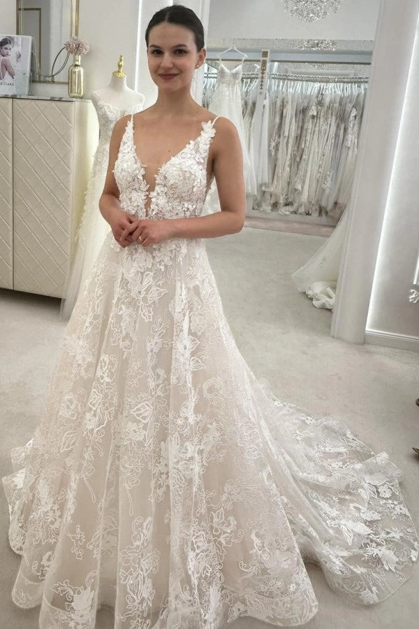 sleeveless v neck a line wedding dress Missacc Ivory Bride A-Line V-Neck Sleeveless Sweep Train Lace Wedding Dresses