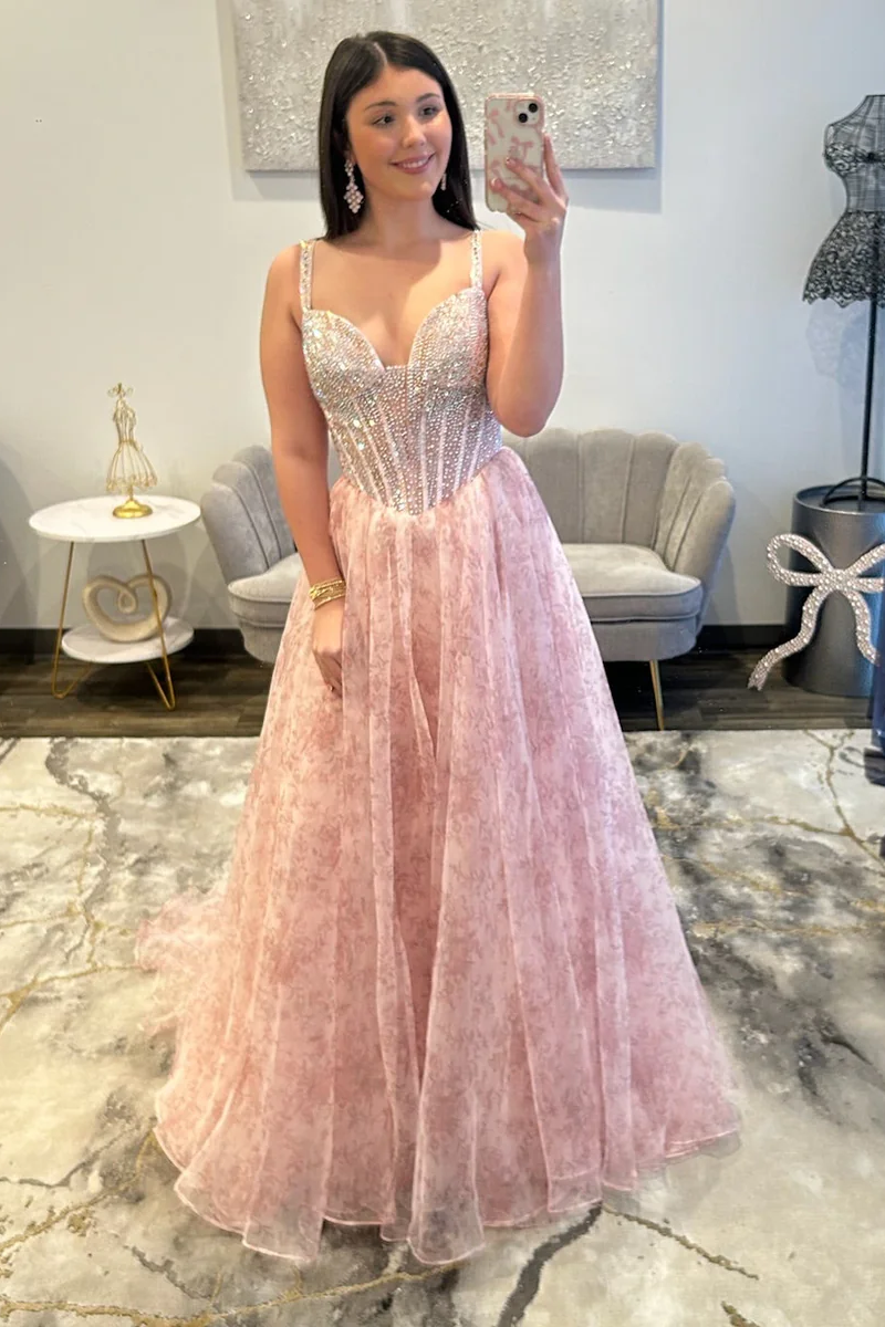Pretty Long Pink A-line Beaded Floral Sleeveless Prom Dress with Rhinestones Pretty Long Pink A-line Beaded Floral Sleeveless Prom Dress with Rhinestones