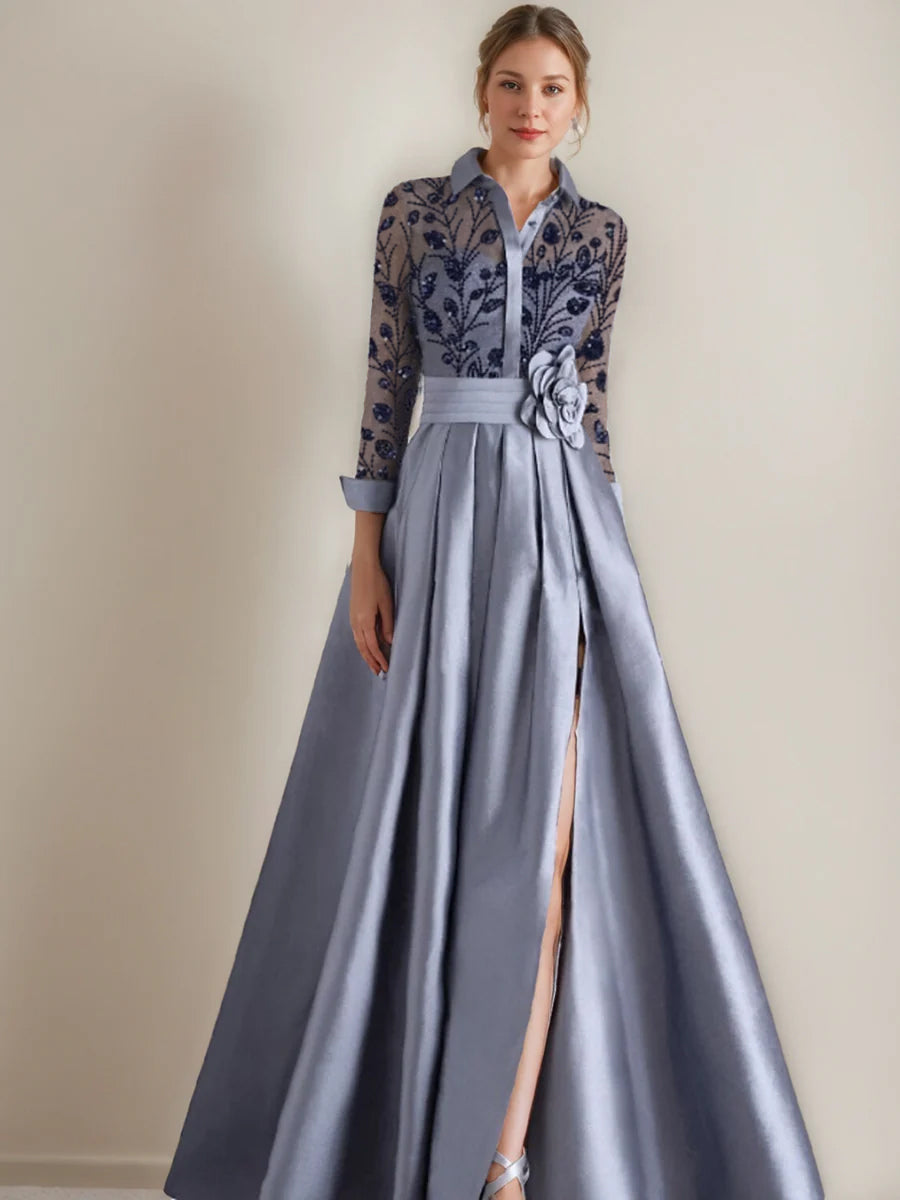 Princess A-Line Floor-Length Mother of the Bride Dresses with Shirt Collar Long Sleeves Appliques & Flower Belt Princess A-Line Floor-Length Mother of the Bride Dresses with Shirt Collar Long Sleeves Appliques & Flower Belt