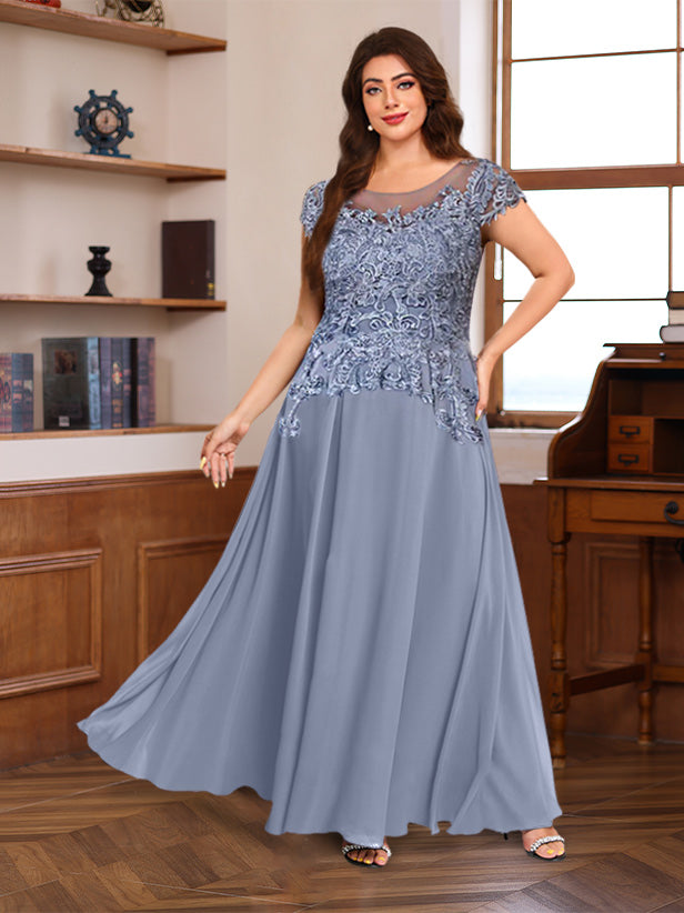 short plus size mother of the bride dresses Princess A-Line Floor-Length Dress with Scoop Neck and begonia Silver Shoes Lilac Dress Short sleeves and stunning Size:170