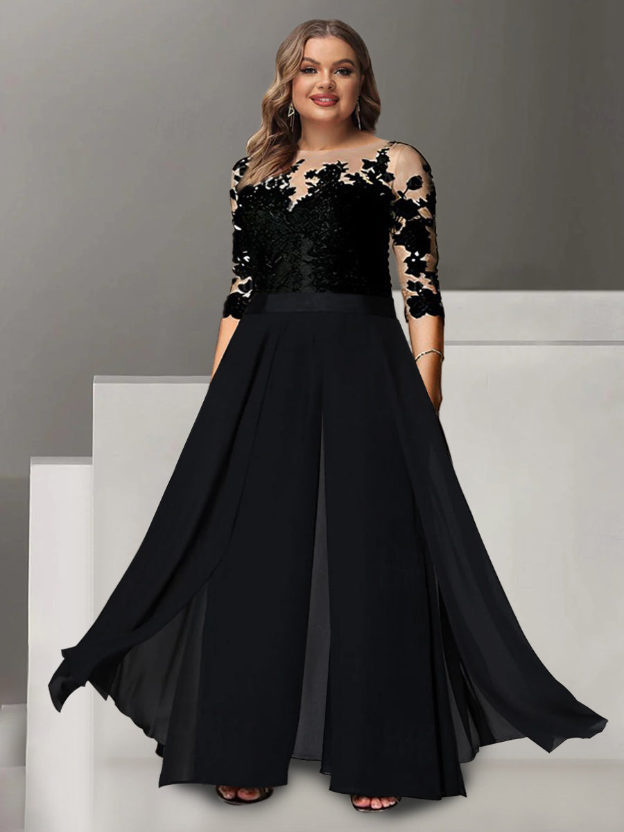 Princess A-Line Floor-Length Plus Size Mother of The Bride Pantsuit with Applique and 3/4 Sleeves Jewel Neck
