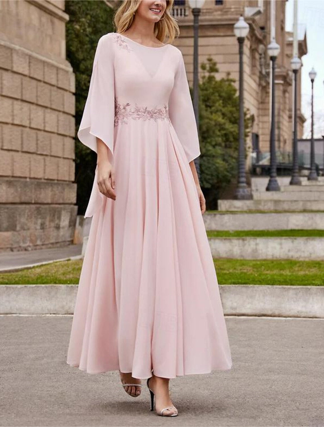navy blue dress for baby girl Taffeta Stacees Mother of The Bride Dress A-Line/Princess Scoop Neck 3/4 Sleeve Knee-Length with Pleated main image 1