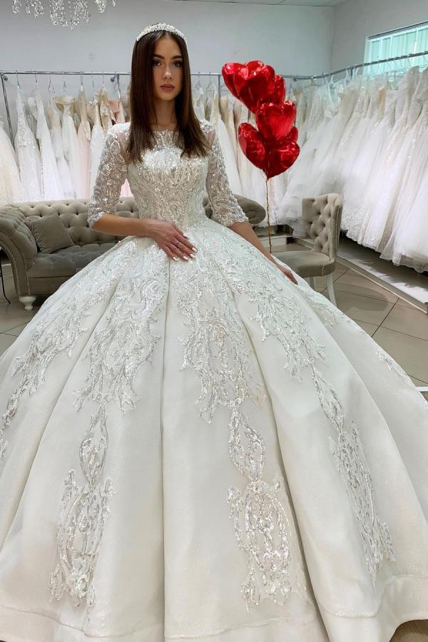 knee length dresses for ladies Princess Wedding Dress: Fashion Bateau Neckline Long Sleeves Lace Appliques  Floor-length Satin